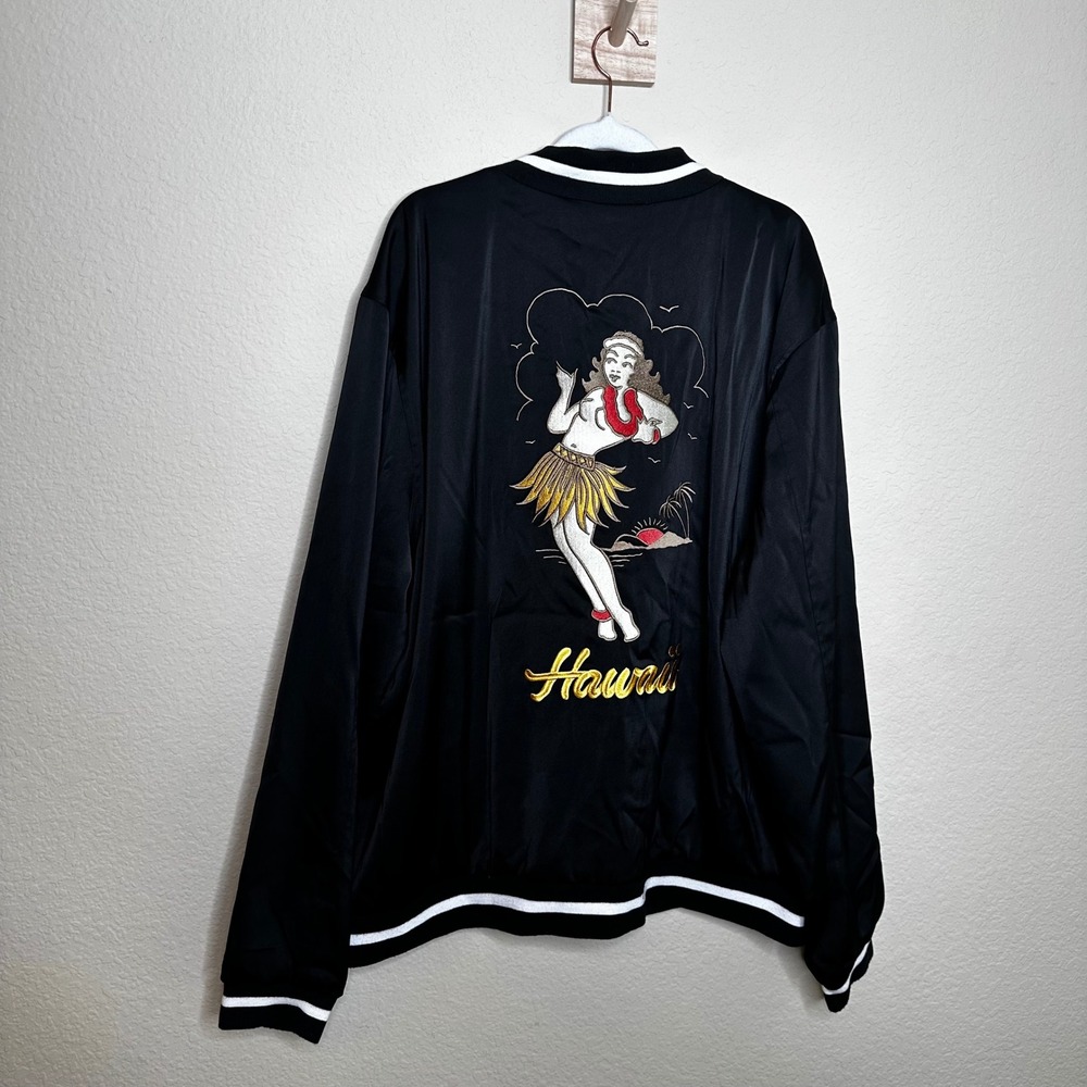 Parallel x League Reversible Bomber Jacket XL Hawaii Hula Girl Varsity Black